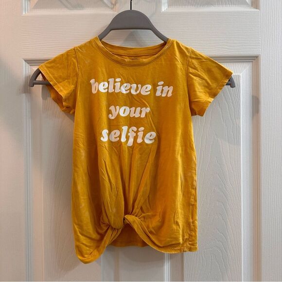 WonderNation"Believe in your selfie" yellow/white speckled twist front SS sz 4/5 - Picture 1 of 7